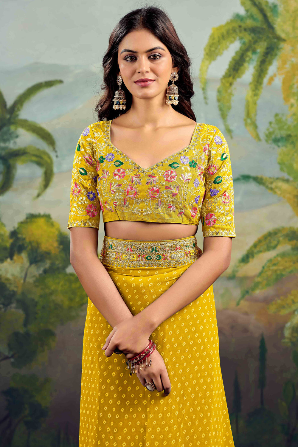 Mustard Bandhani Printed Georgette Saree With Embroidered Border 