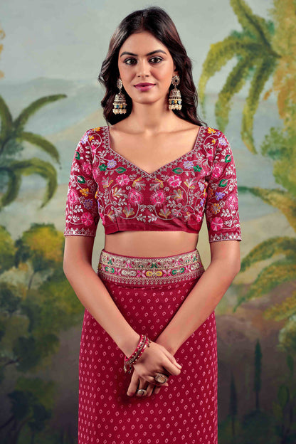 Maroon Bandhani Printed Georgette Saree With Embroidered Border 