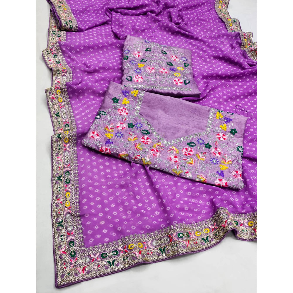 Lavender Bandhani Printed Georgette Saree With Embroidered Border 