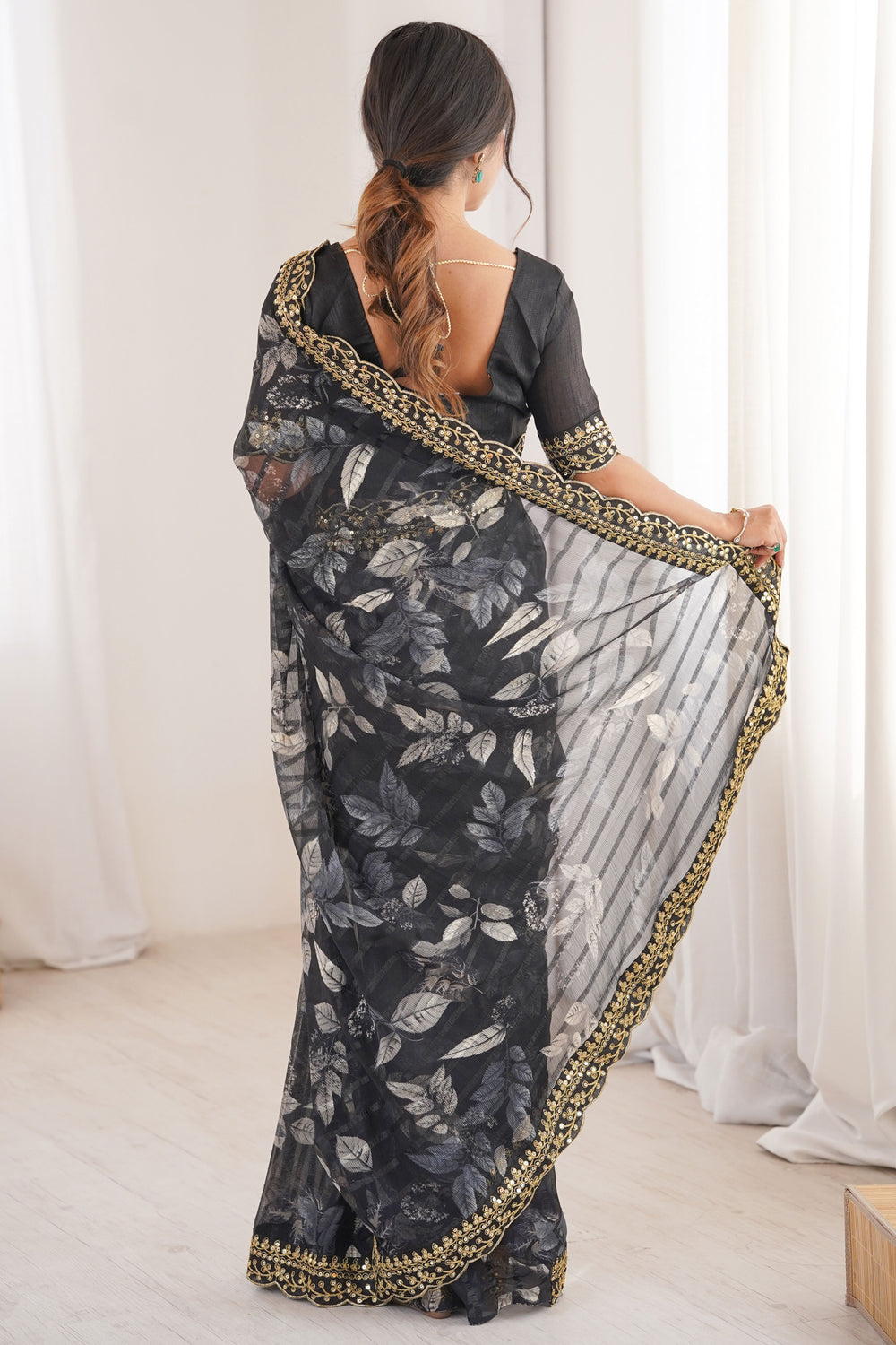 Black Pure Georgette Floral Print Sequins Saree 