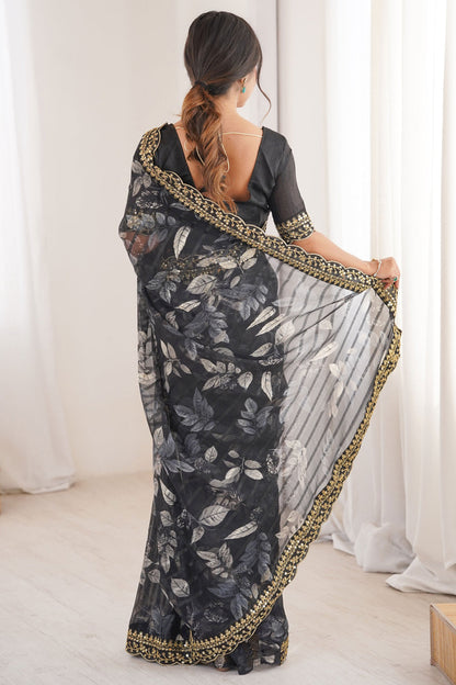 Black Pure Georgette Floral Print Sequins Saree 
