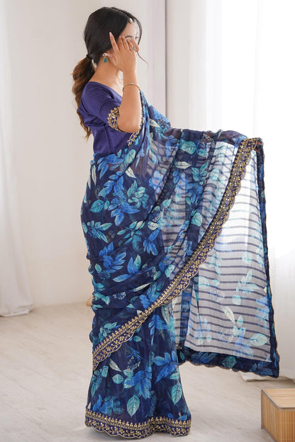 Blue Pure Georgette Floral Print Sequins Saree 
