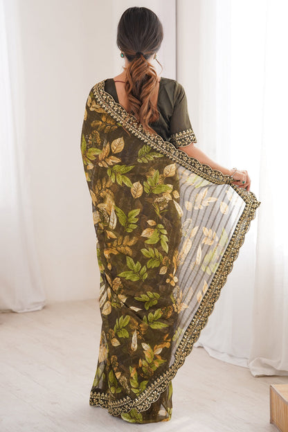 Green Pure Georgette Floral Print Sequins Saree 
