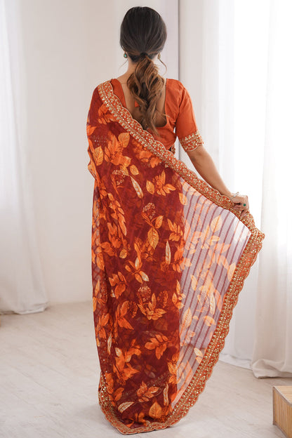 Rust Pure Georgette Floral Print Sequins Saree 