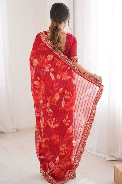 Red Pure Georgette Floral Print Sequins Saree 