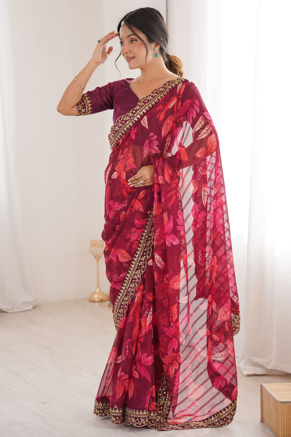 Wine Pure Georgette Floral Print Sequins Saree 