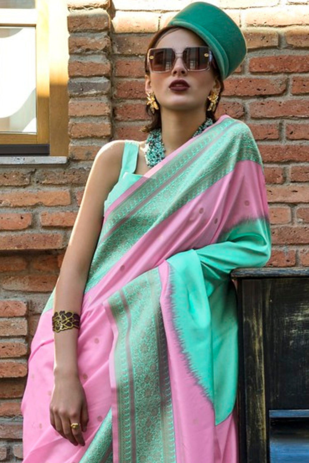 Pink and Green Pure Soft Banarasi Handloom Banarasi Saree ##color## Patola Saree with premium fabric and embroidery
