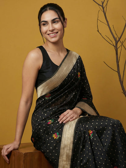 Black Pure Organza Silk Meenakari Jamdani Zari Woven Organza Saree