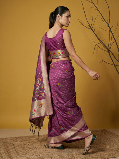 Purple Pure Organza Silk Meenakari Jamdani Zari Woven Organza Saree
