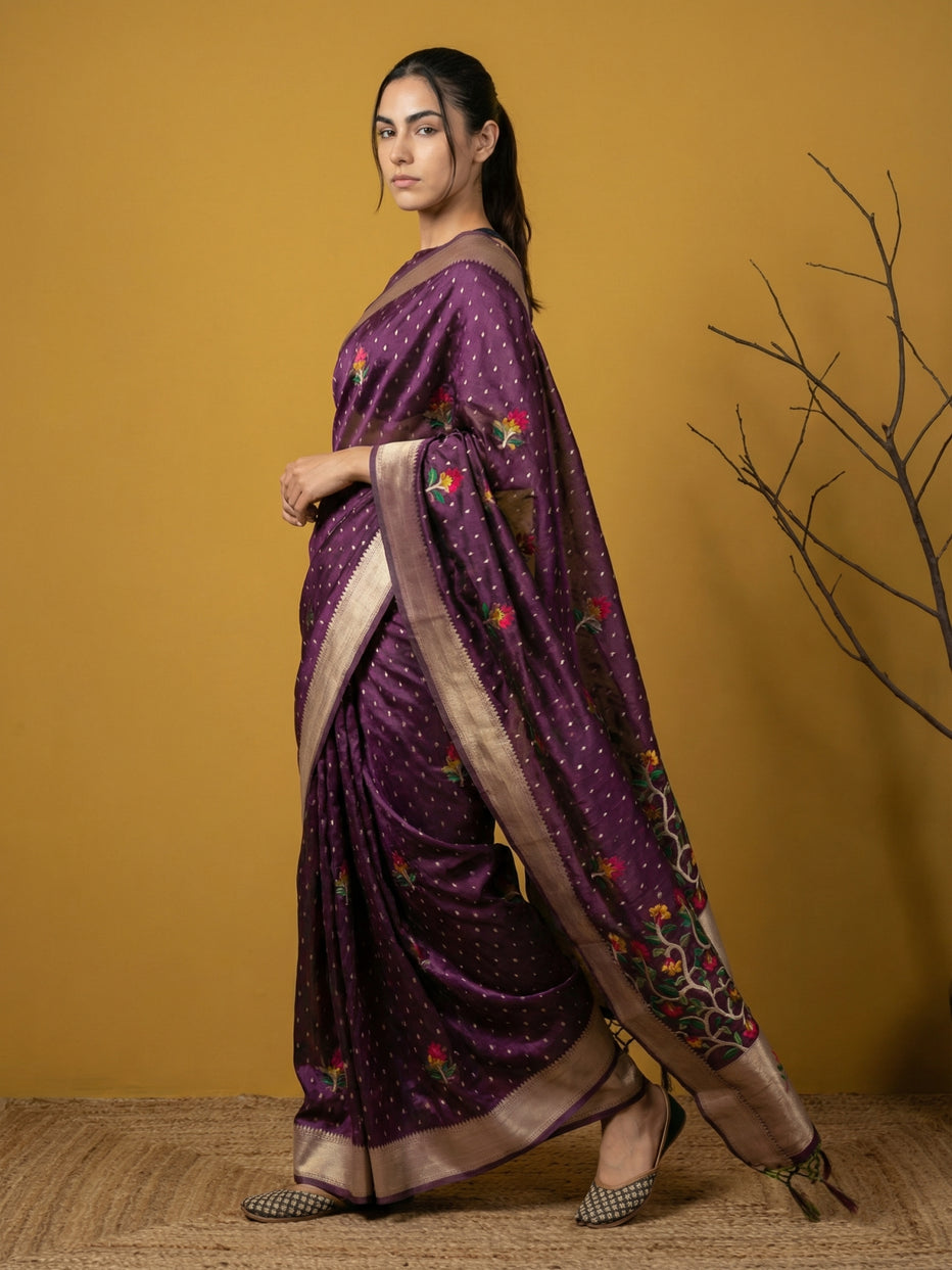 Wine Pure Organza Silk Meenakari Jamdani Zari Woven Organza Saree