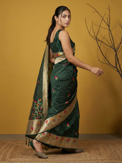 Green Pure Organza Silk Meenakari Jamdani Zari Woven Organza Saree