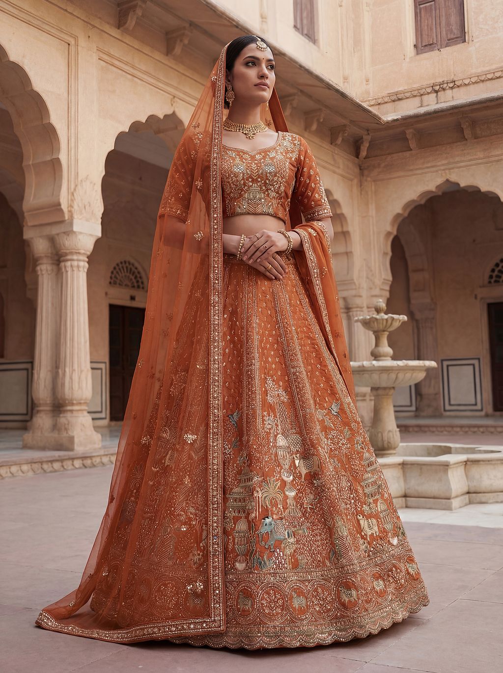 Orange Pure Soft Gadwal Silk Heavy Embroidery Work Bridal Lehenga 