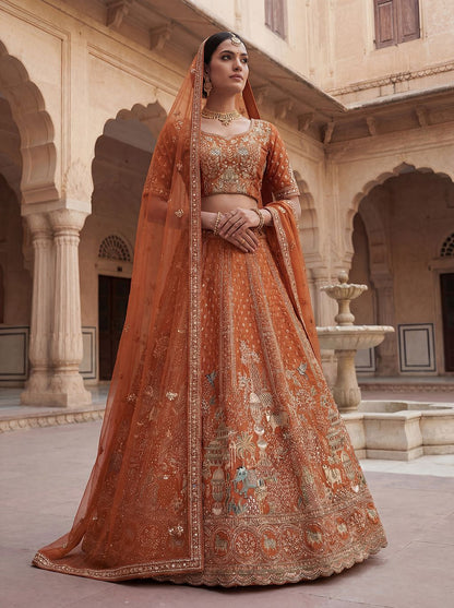 Orange Pure Soft Gadwal Silk Heavy Embroidery Work Bridal Lehenga 
