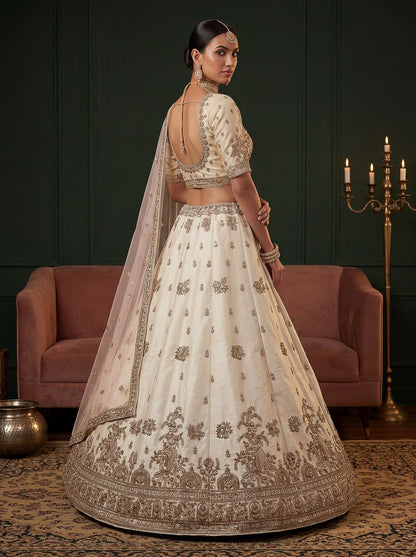 Off White Pure Soft Gadwal Silk Heavy Embroidery Work Bridal Lehenga Choli 