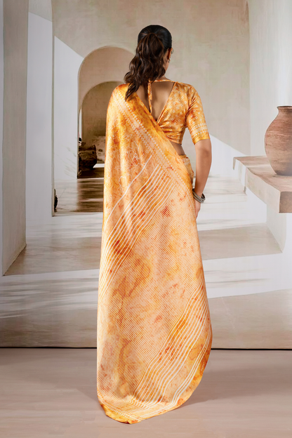 Yellow Modal Satin Hand Prism Print Saree 