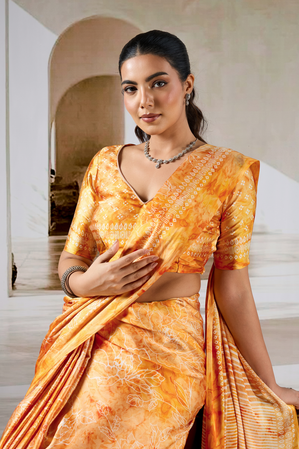 Yellow Modal Satin Hand Prism Print Saree ##color## Japan Satin Saree with premium fabric and embroidery