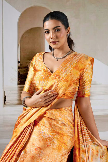 Yellow Modal Satin Hand Prism Print Saree 