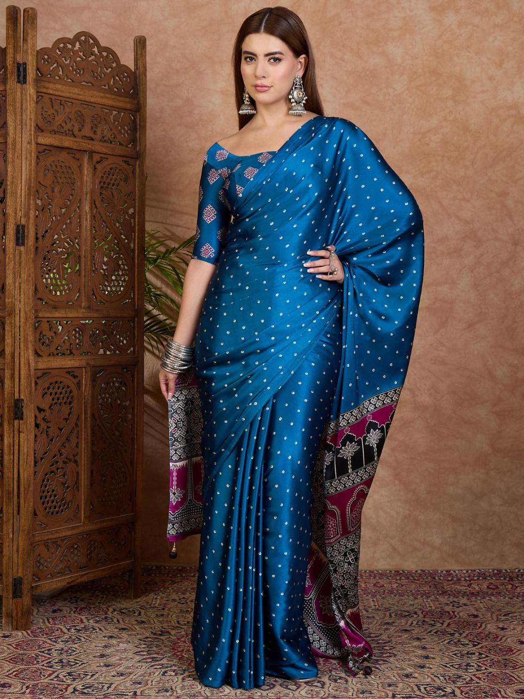 Royal Blue Satin Ajrakh Printed Party Wear Saree with Polka Dot Design ##color## Ajrakh Saree with premium fabric and embroidery