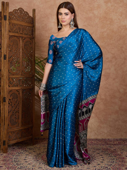 Royal Blue Satin Ajrakh Printed Party Wear Saree with Polka Dot Design 