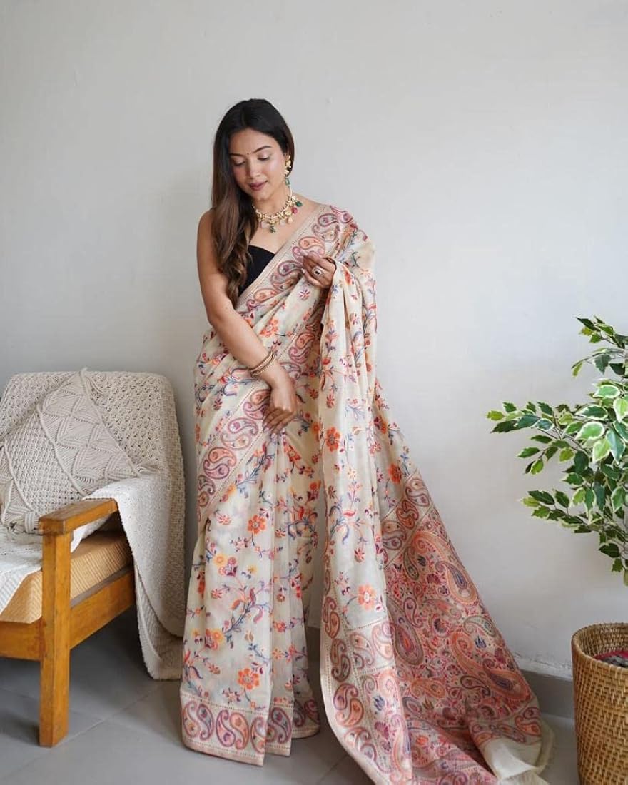 Cream Pure Soft Pashmina Kachi Work Saree Pashmina Saree Anant Tex Exports Pvt.Ltd..