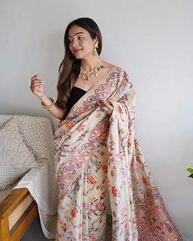 Cream Pure Soft Pashmina Kachi Work Saree Pashmina Saree Anant Tex Exports Pvt.Ltd..
