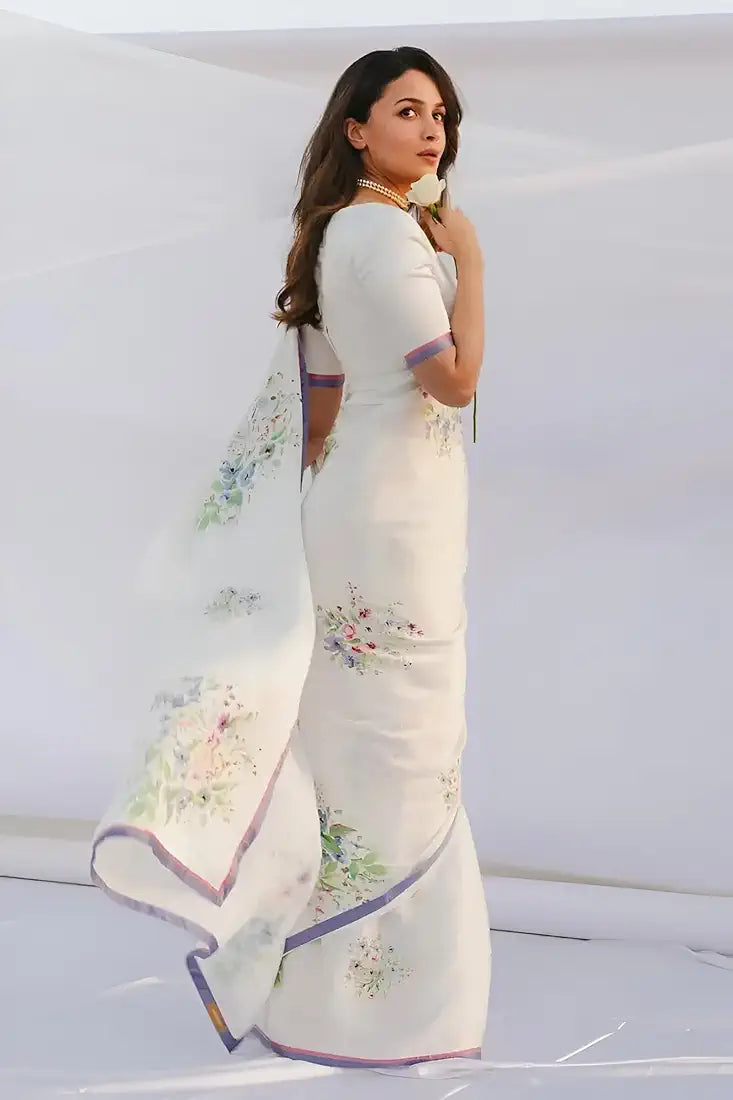 White Printed Japan Satin Floral Print Satin Saree 