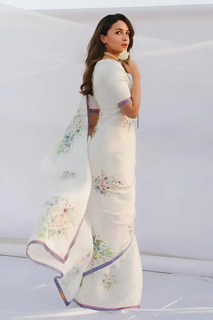 White Printed Japan Satin Floral Print Satin Saree 