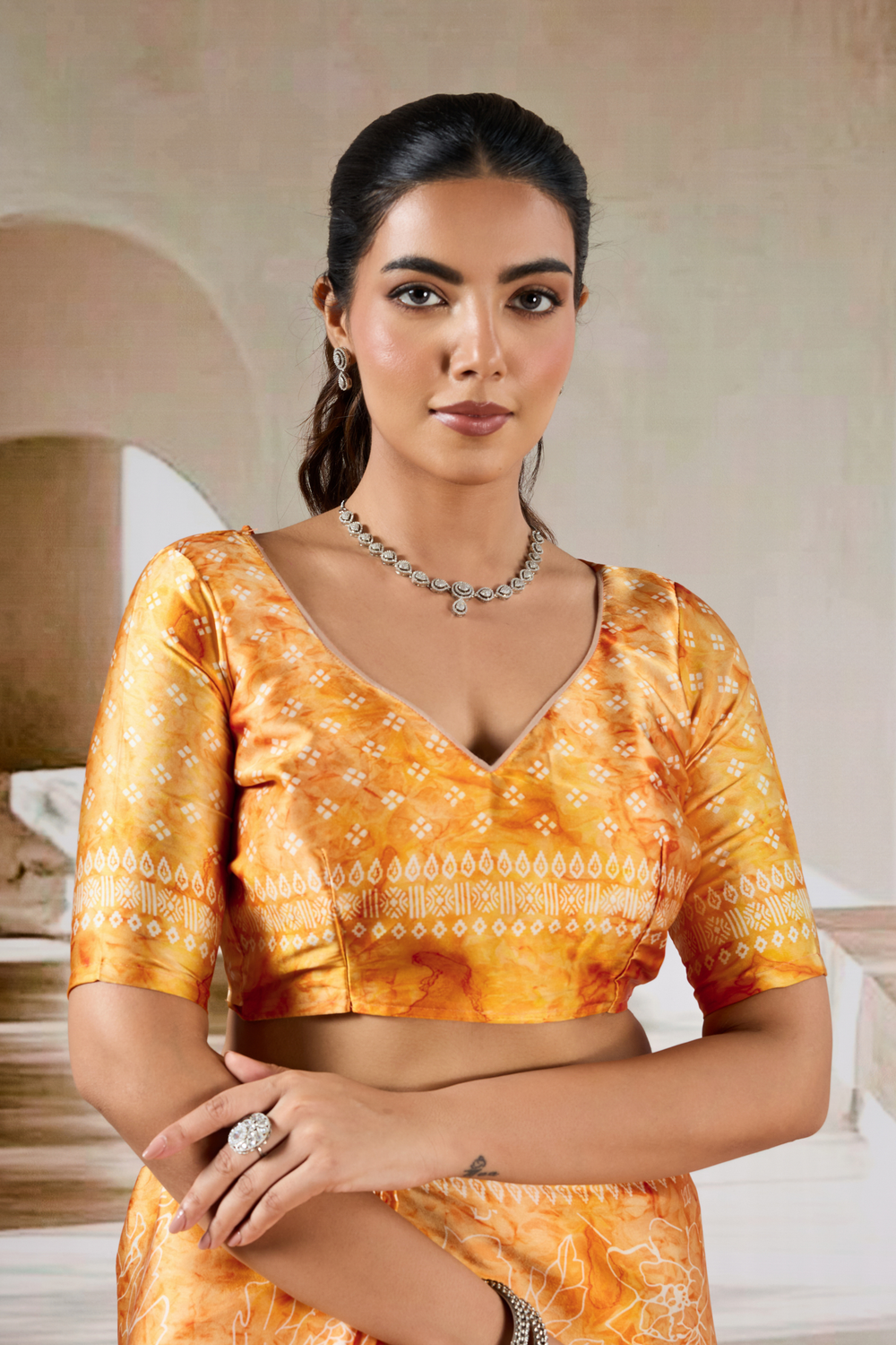 Yellow Modal Satin Hand Prism Print Saree 