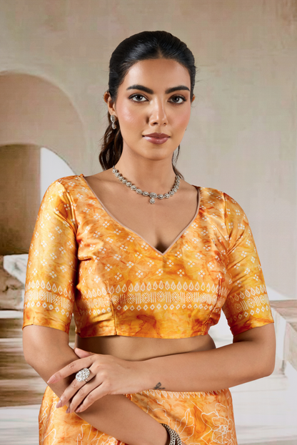 Yellow Modal Satin Hand Prism Print Saree 