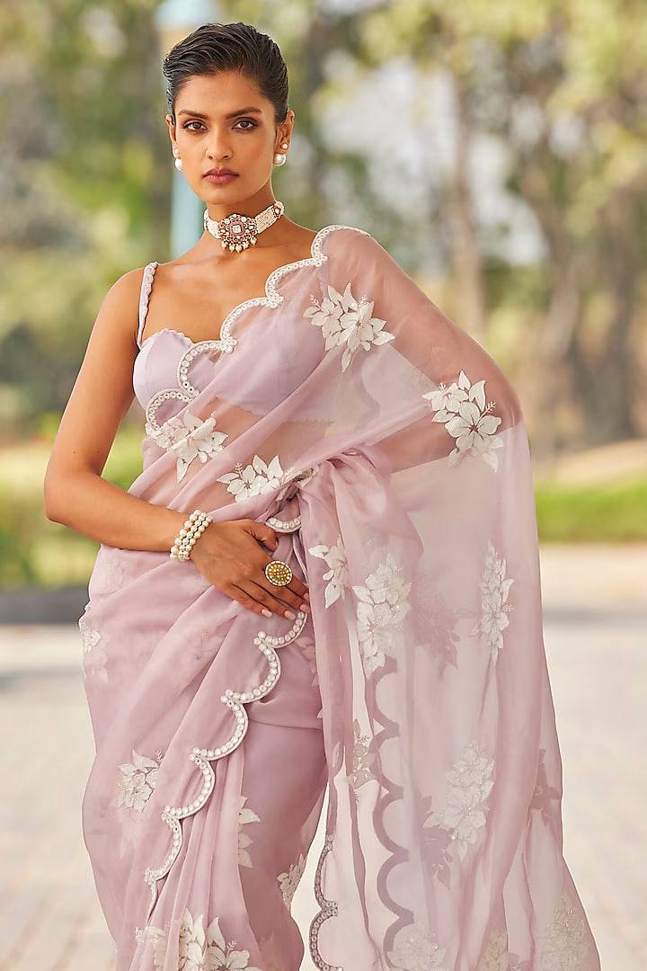 Front view of Lilac Pure Soft Jimmy Choo Saree