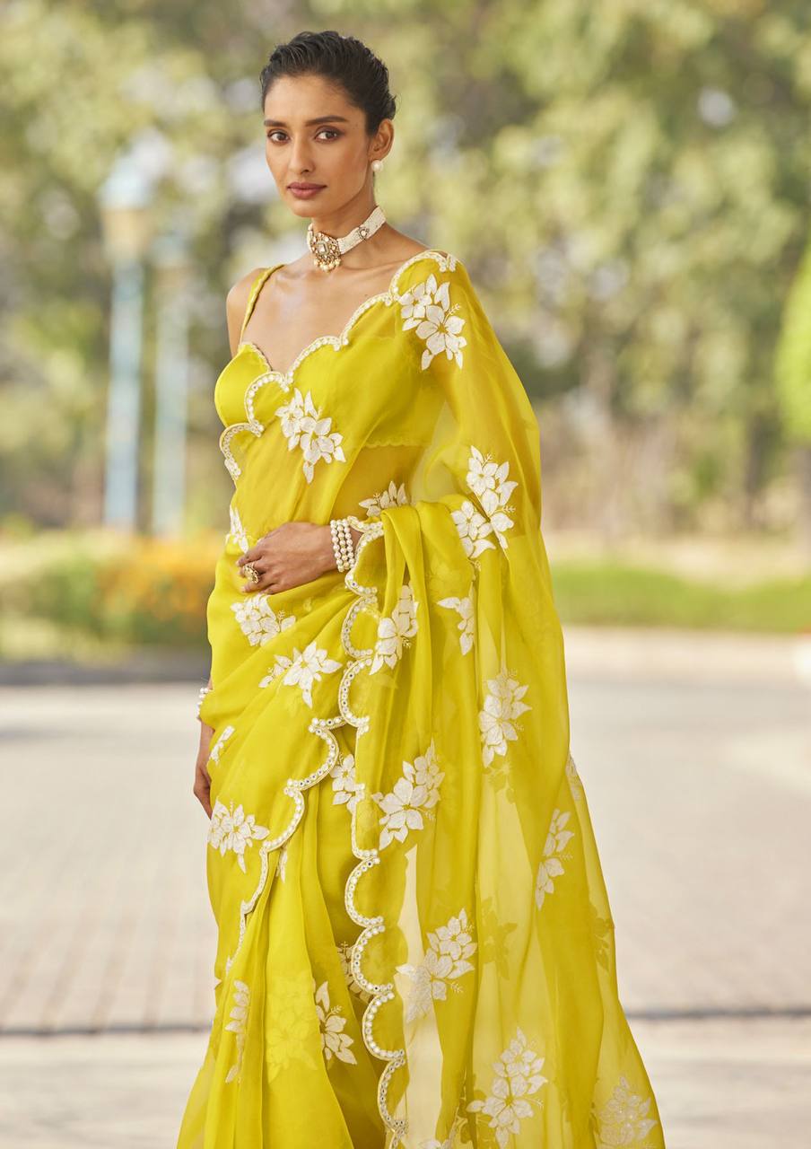 Front View of Mustard Pure Soft Jimmy Choo Saree