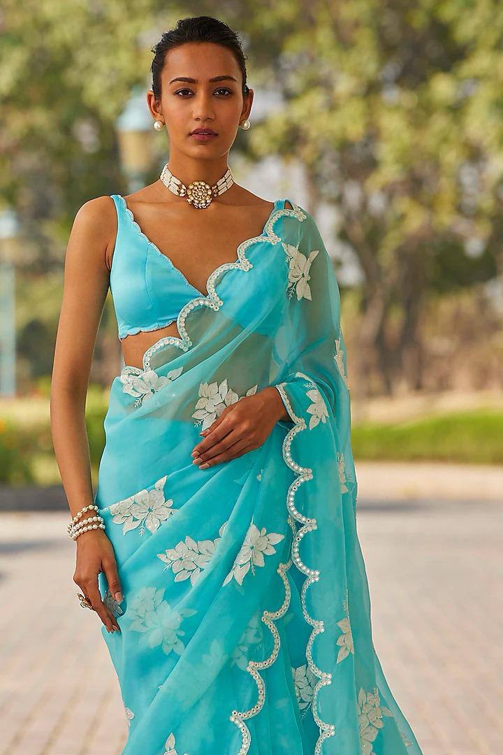 Front View of Sky Blue Pure Soft Jimmy Choo Saree