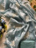 Close-up of Sky Blue Jimmy Choo Saree