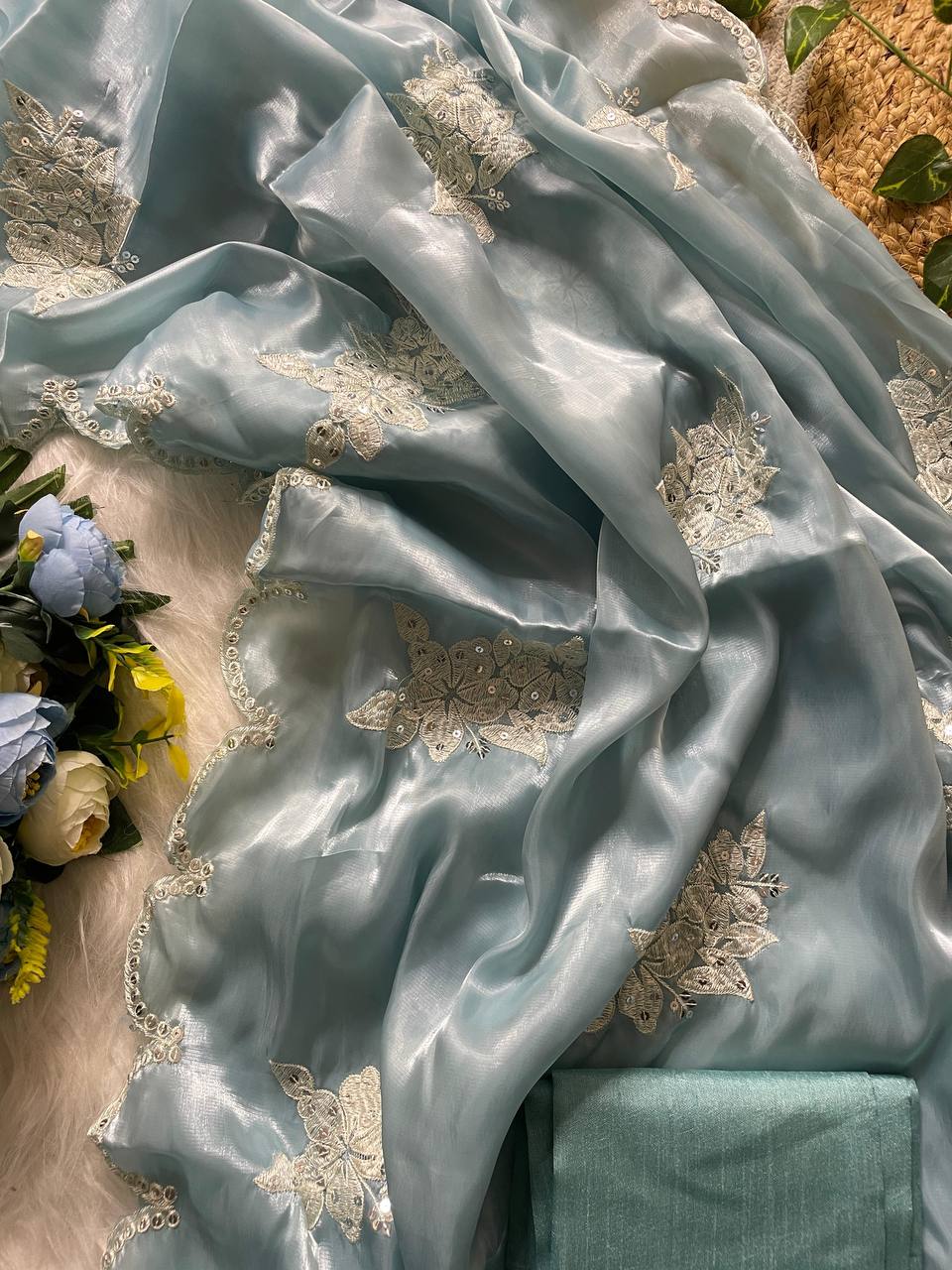 Close-up of Sky Blue Jimmy Choo Saree