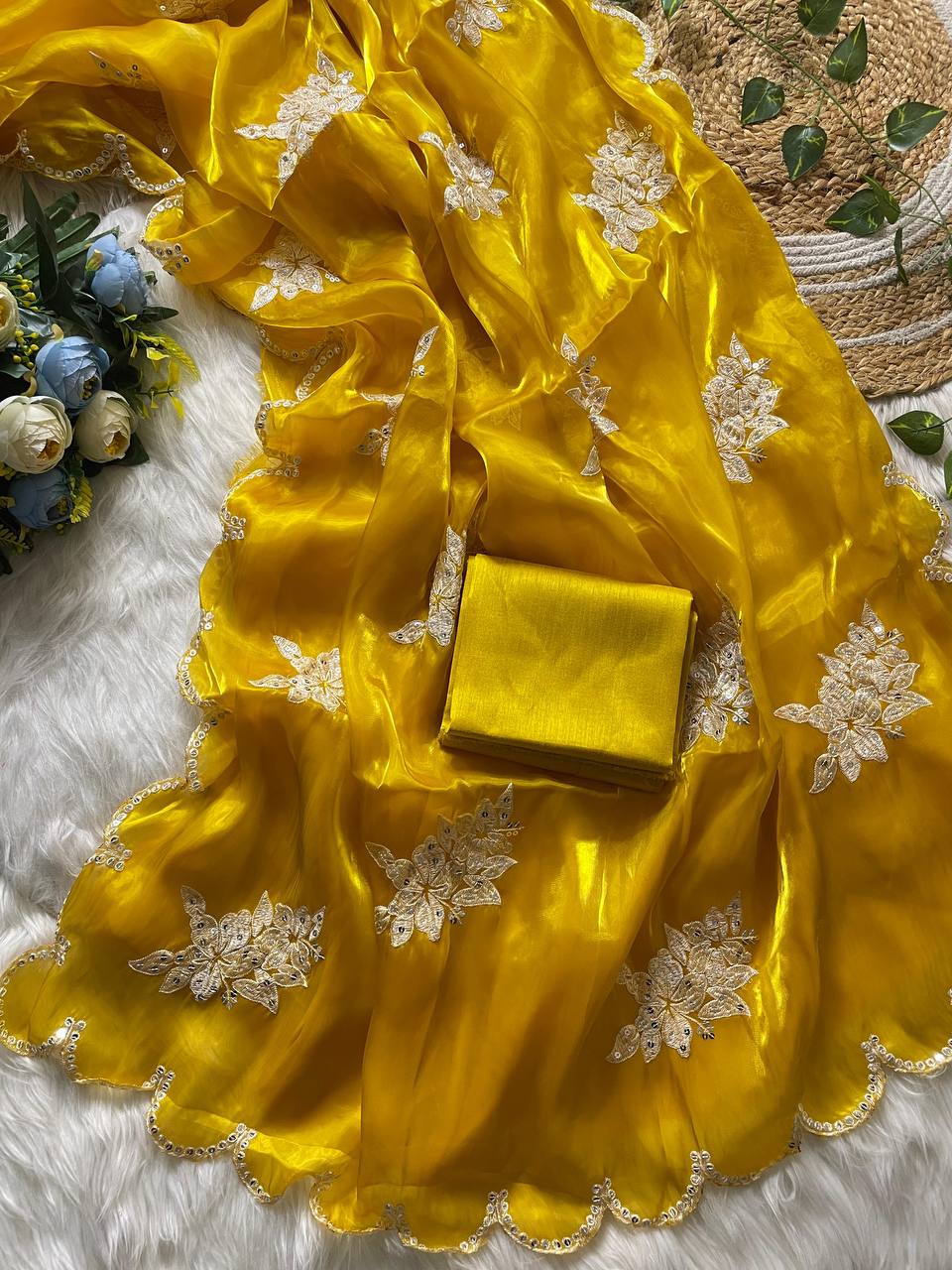 Close up of Mustard Jimmy Choo Saree