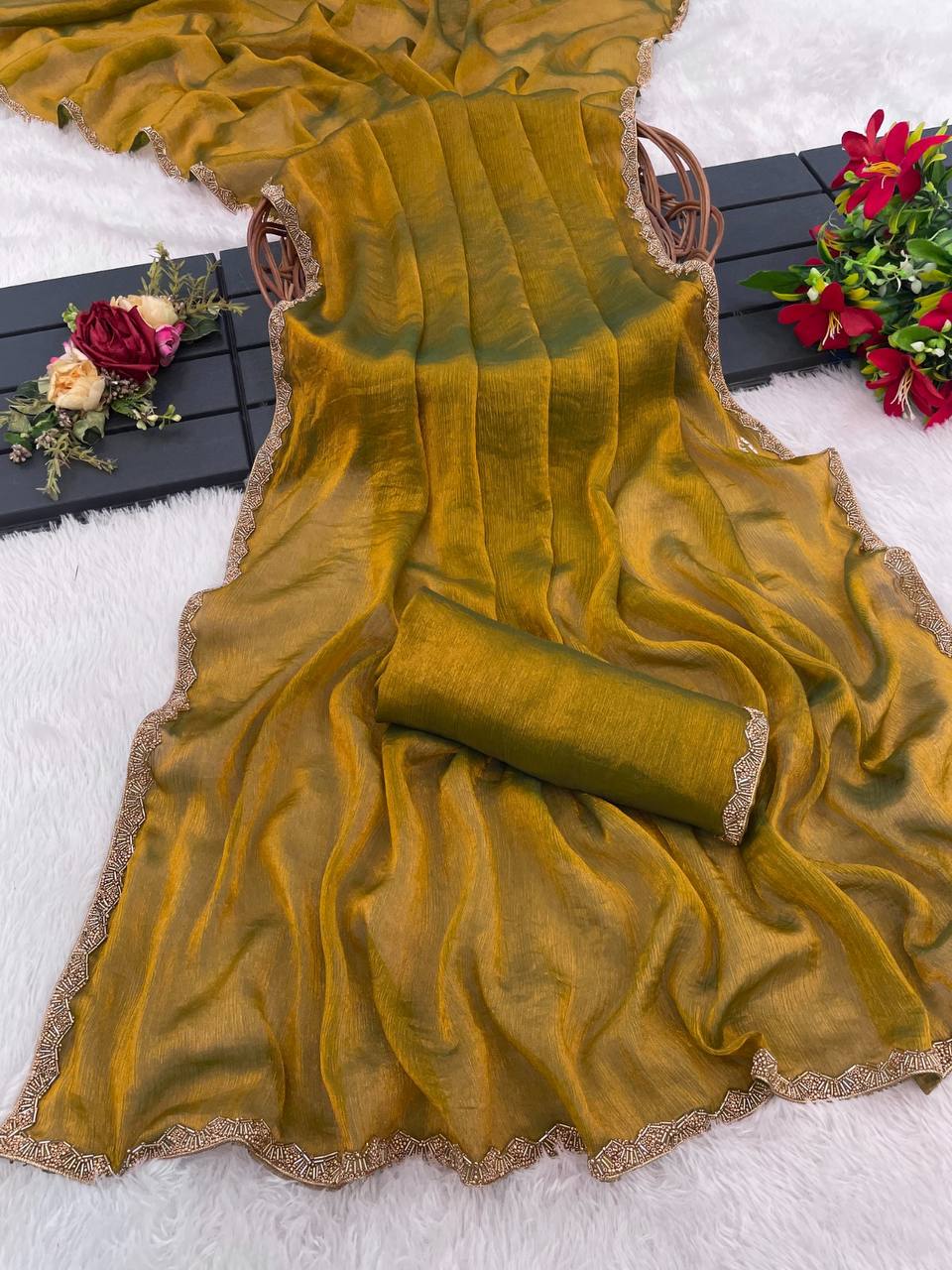 Full View of golden Jimmy Choo Saree