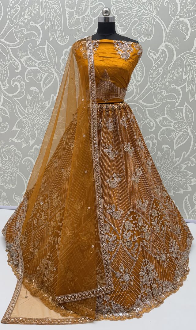 Yellow Pure Heavy Net Motif Handwork Zari Sequins Work Bridal Lehenga Choli