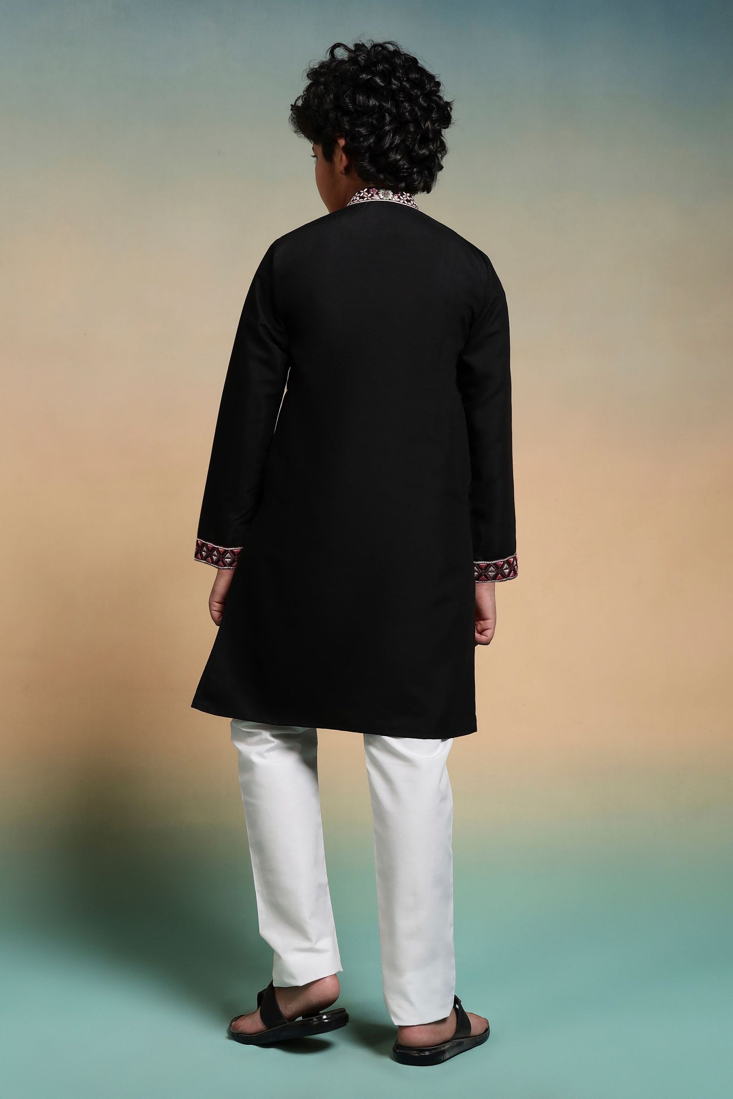 Black Pure Viscose Silk Kids Boy Kurta Pajama 
