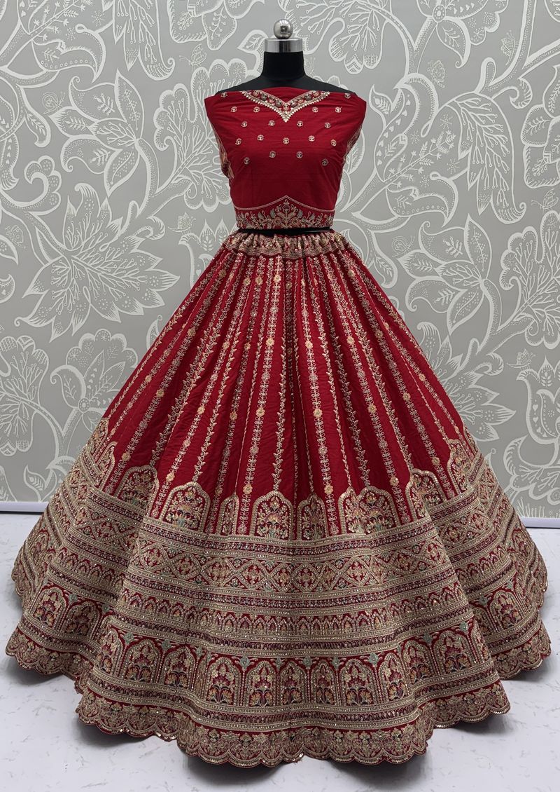 Red Pure Soft Gadhwal Silk Heavy Embroidery Work Bridal Lehenga