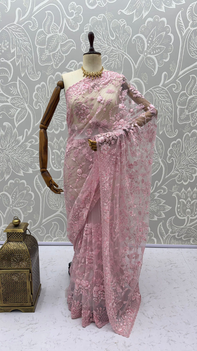 Pink Pure Premium Net Handwork Kasti &amp; Motif Zari Metallic Sequins Work Wedding Saree