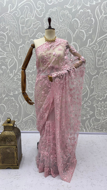 Pink Pure Premium Net Handwork Kasti &amp; Motif Zari Metallic Sequins Work Wedding Saree