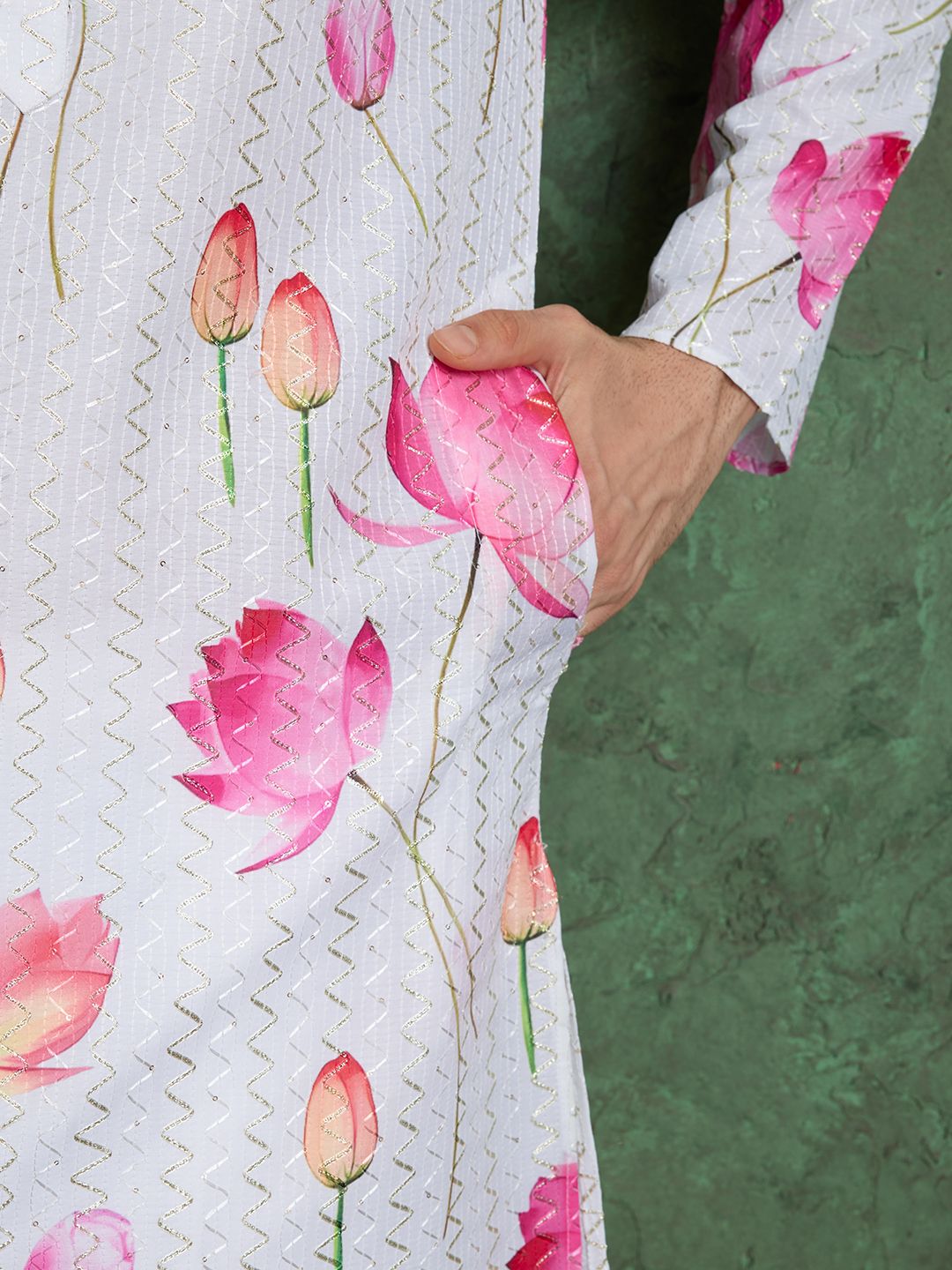 White &amp; Pink Pure Heavy Reyon Silk with Embroidery Work Printed Kurta Pajama