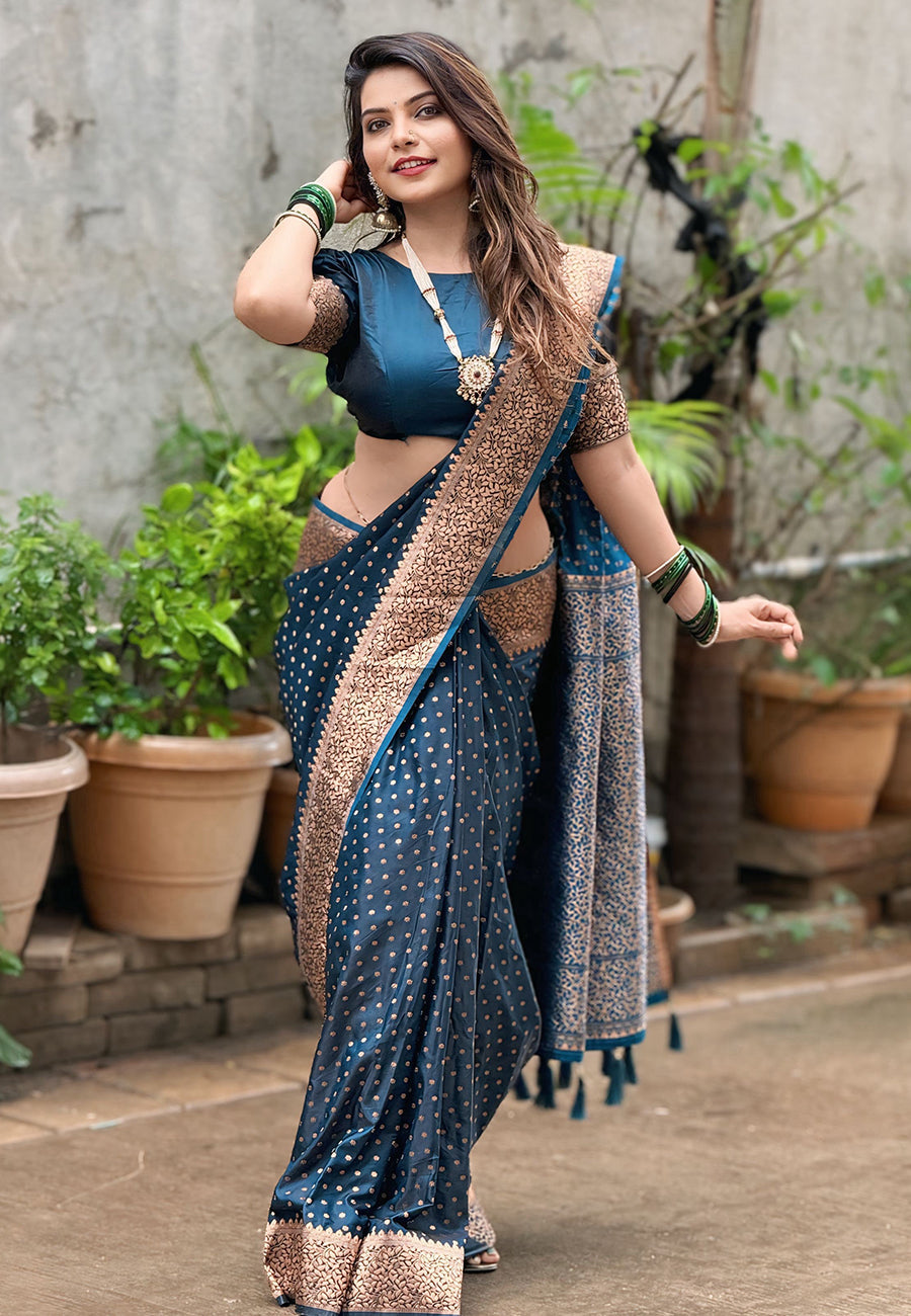 Pooja Rathod in Our Deep Blue Banarasi Katan Silk Zari Woven Saree