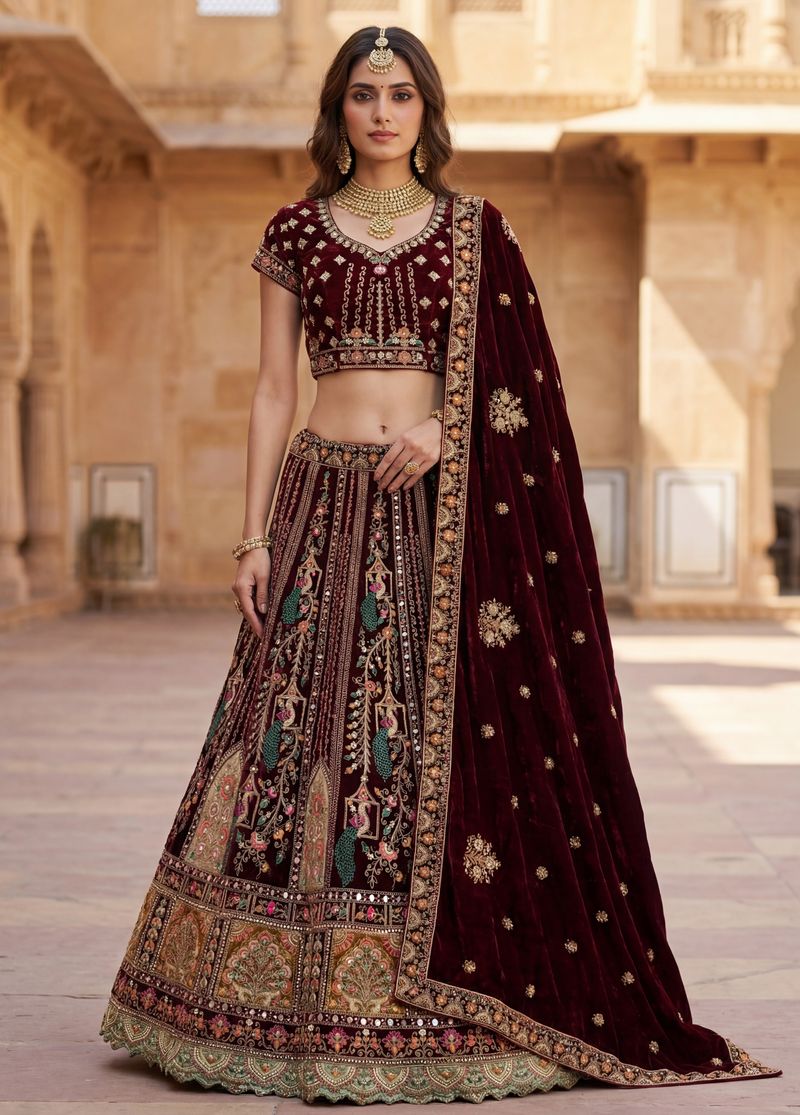 Wine Pure Soft Velvet Heavy Embroidery Patch Work Bridal Lehenga