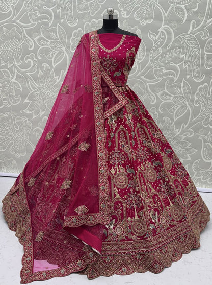 Rani Pink Pure Soft Silk Heavy Embroidery Work Bridal Lehenga 