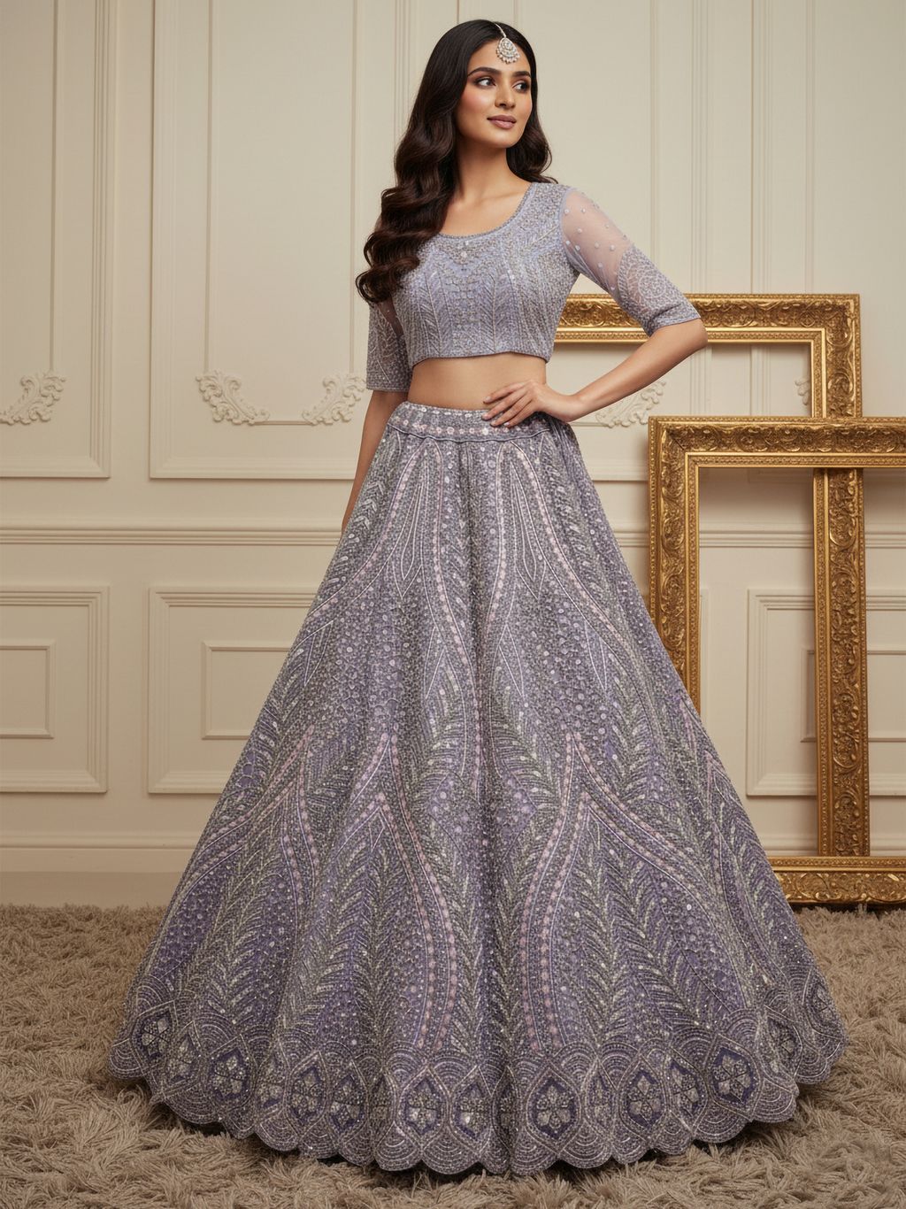 Lilac Pure Soft Heavy net Silk Heavy Embroidery Work Bridal Lehenga
