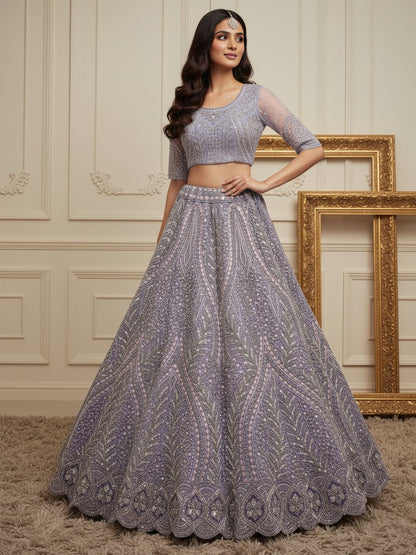 Lilac Pure Soft Heavy net Silk Heavy Embroidery Work Bridal Lehenga