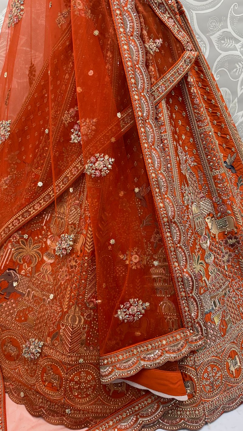 Orange Pure Soft Gadwal Silk Heavy Embroidery Work Bridal Lehenga 