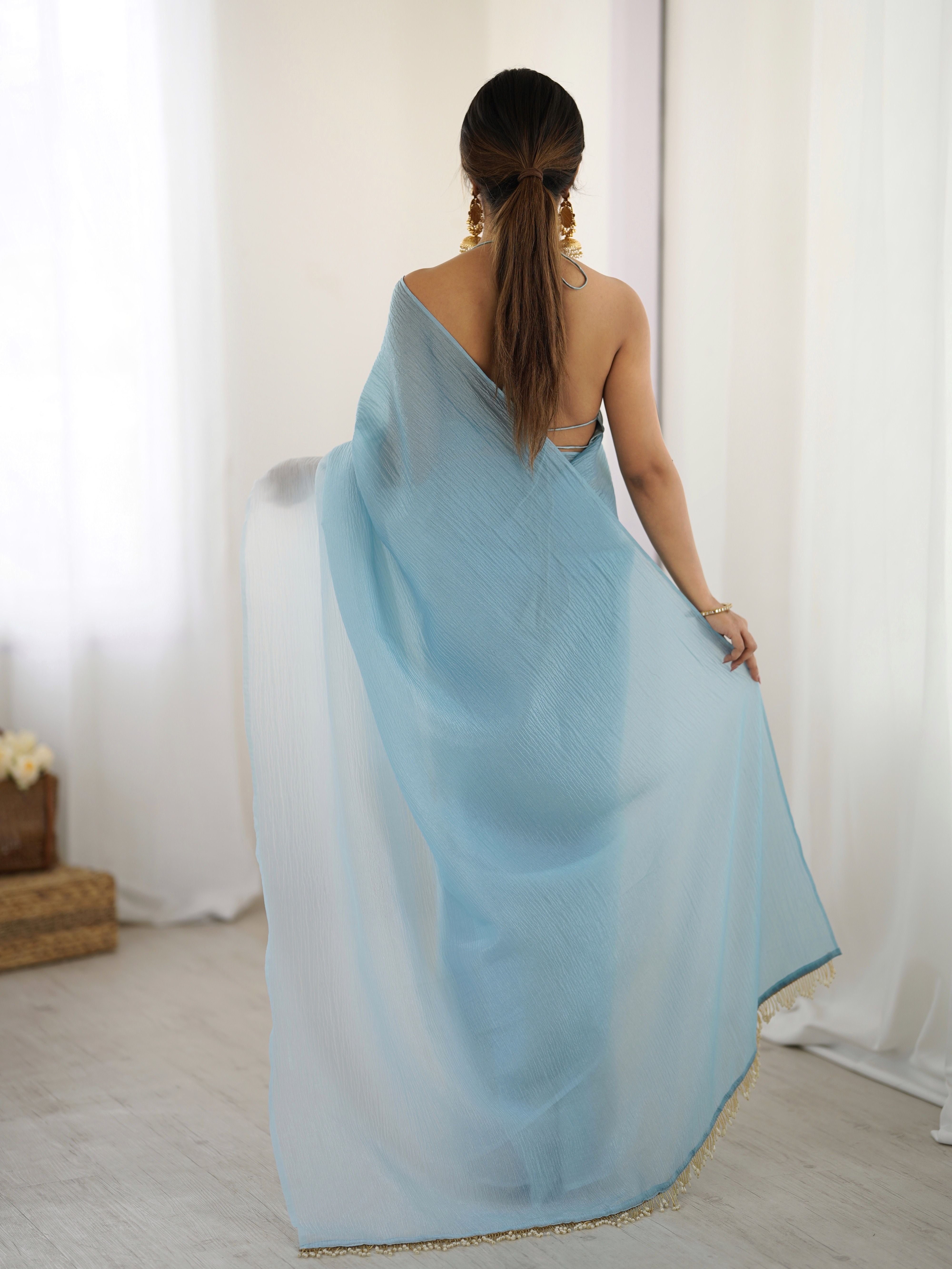 Sky shaded Pure Soft Candy Crush Silk Ready to Wear Saree ##color## Ready to Wear Saree with premium fabric and embroidery