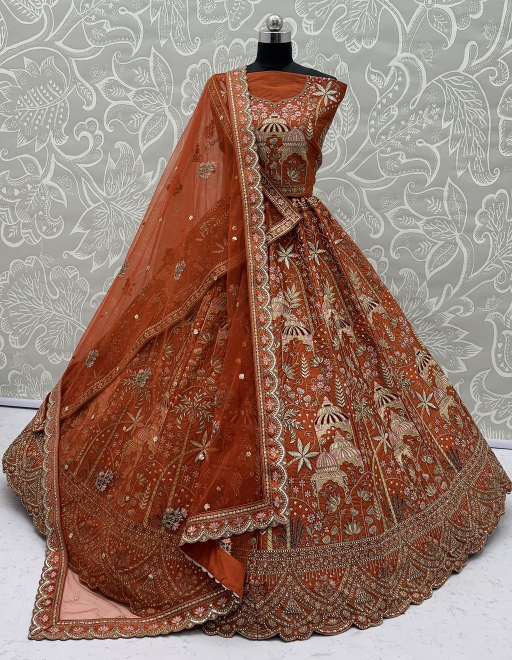 Orange Pure Soft Silk Heavy Embroidery Work Bridal Lehenga 
